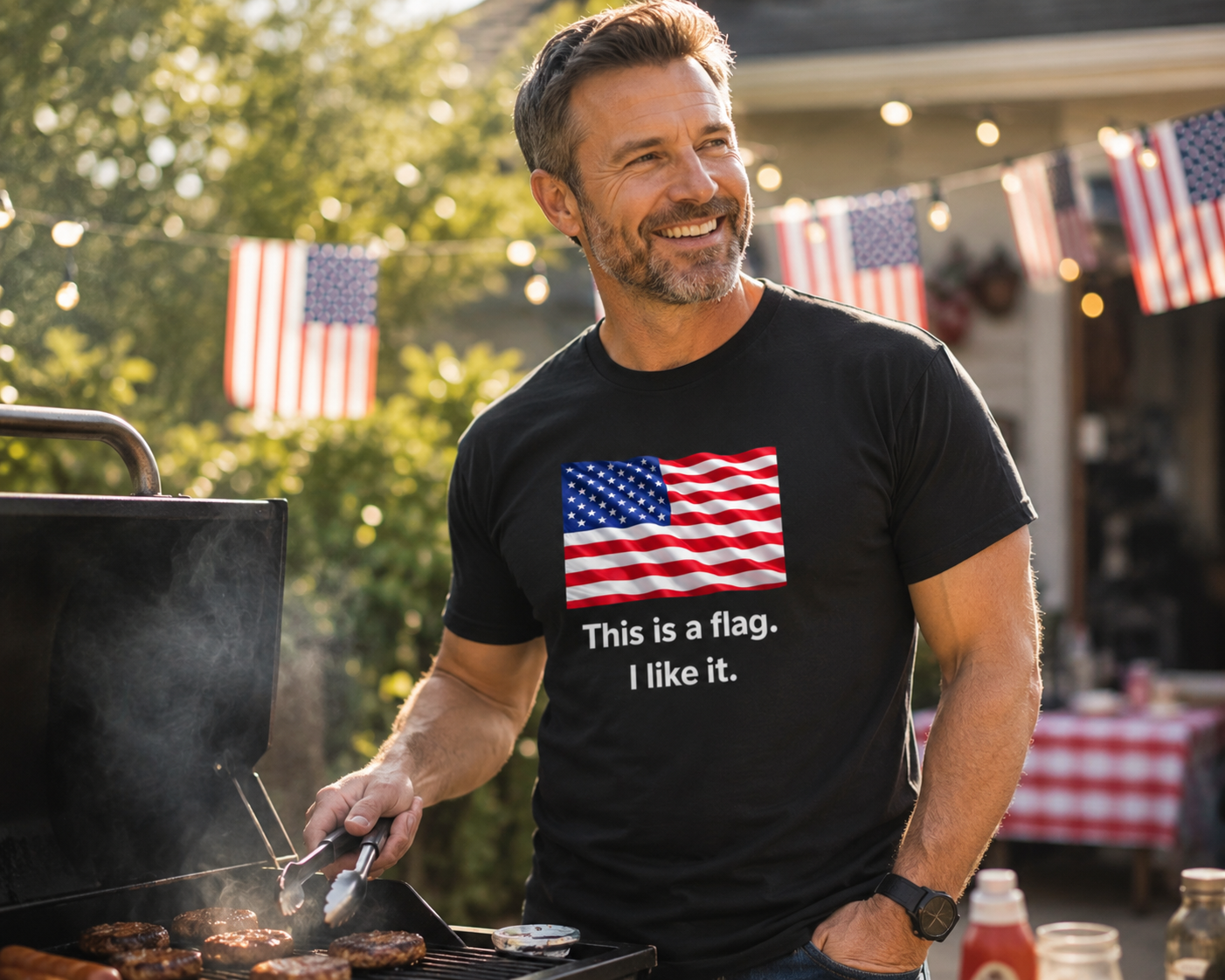 A man grilling outdoors wearing a black t-shirt with a graphic of the American flag and the text 'This is a flag. I like it.'