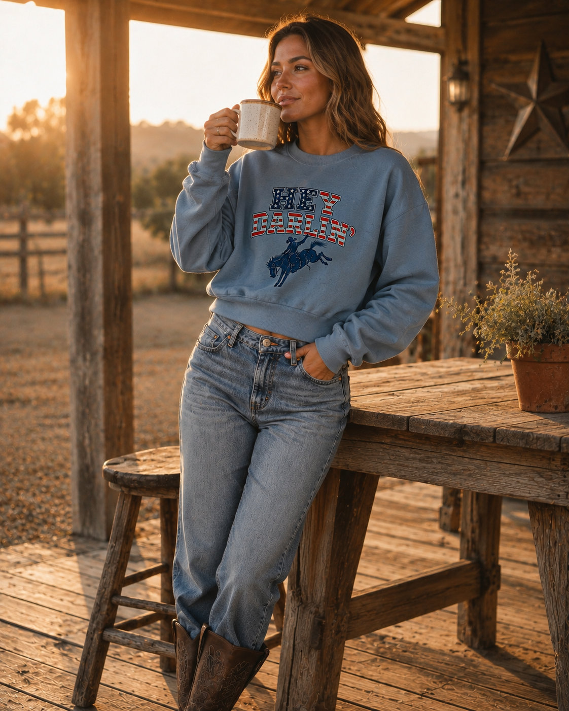 A woman wearing a light blue crewneck sweatshirt with a western-themed graphic and jeans, leaning on a rustic wooden table at sunset.
