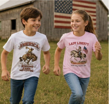 Youth Tee — 'Lady Liberty Wild and Free' Patriotic Horse & Flag Kids Shirt