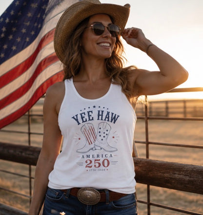 Woman wearing a 'Yee Haw America 250' tank top with an American flag in the background.