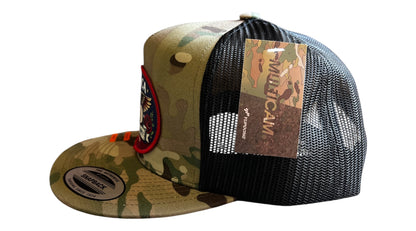 America 250 Land of Liberty multicam camo snapback hat with embroidered bald eagle patch, red roses, and 1776-2026 dates by Land of the Free 250