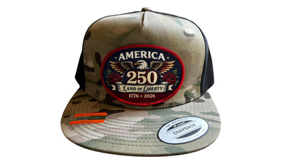 America 250 Land of Liberty multicam camo snapback hat with embroidered bald eagle patch, red roses, and 1776-2026 dates by Land of the Free 250