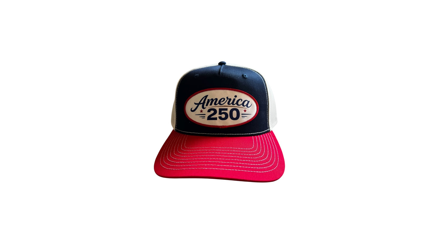 navy red white trucker hat with oval patriotic patch