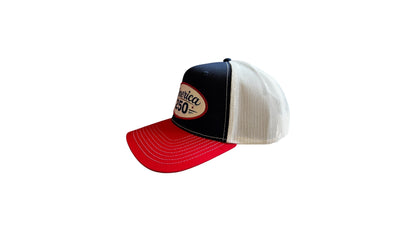 navy red white trucker hat with oval patriotic patch
