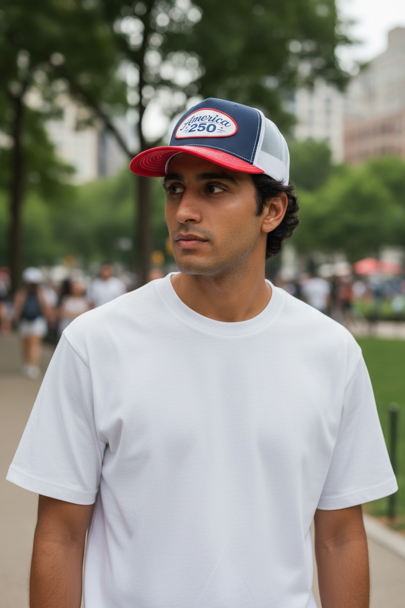 navy red white trucker hat with oval patriotic patch