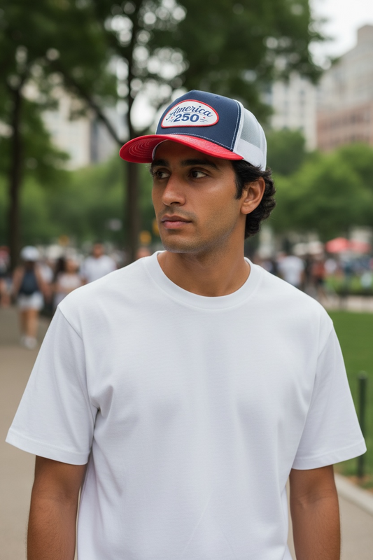 navy red white trucker hat with oval patriotic patch