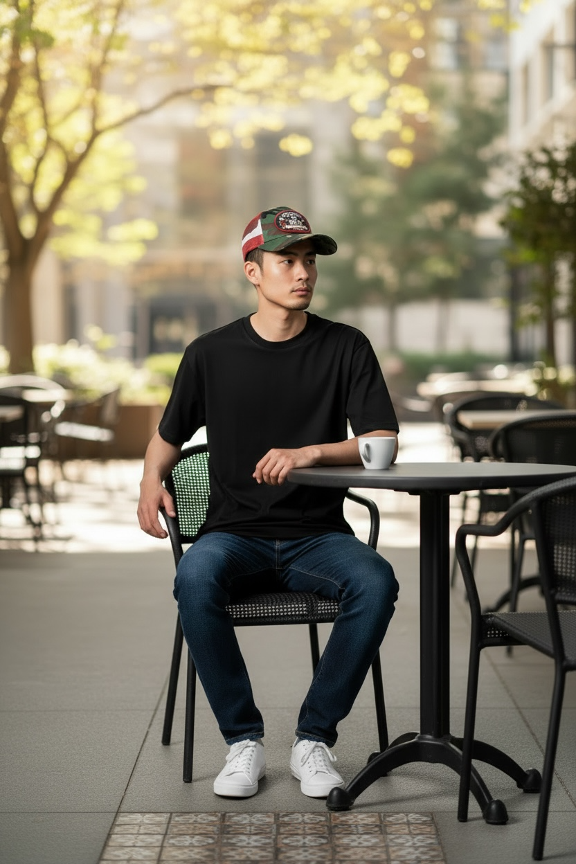 Man wearing America 250 camouflage hat
