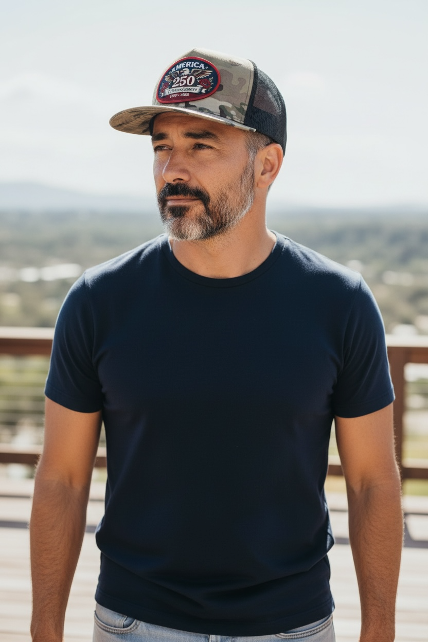 Man wearing America 250 Land of Liberty camo snapback hat outdoors — patriotic commemorative cap for July 4th 2026 semiquincentennial
