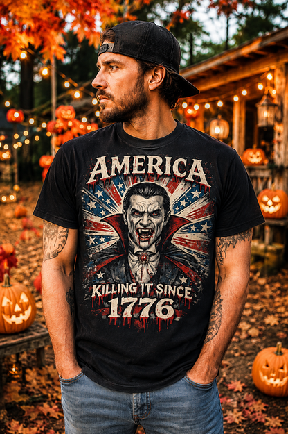 America Killing It Since 1776 Dracula Horror Patriotic Tee