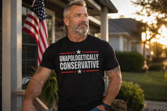 A man wearing a black graphic t-shirt with the text 'UNAPOLOGETICALLY CONSERVATIVE' in white with red stars and lines, standing on a porch with an American flag in the background.