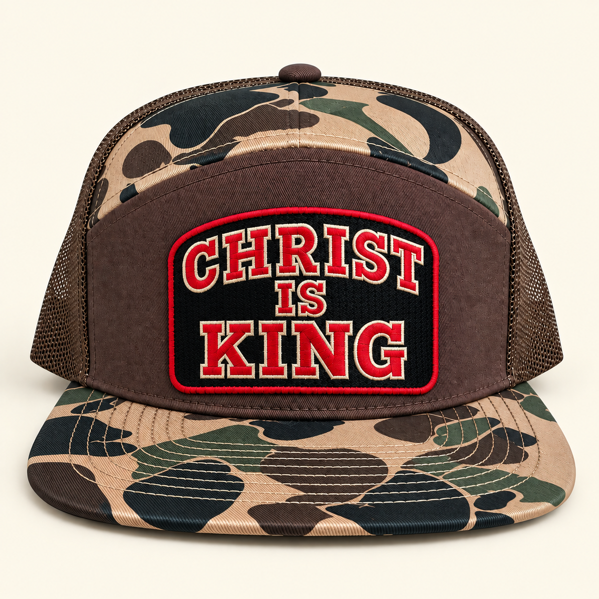 Christ Is King Trucker Hat | Camo 7-Panel Faith Cap | Men's Statement Hat