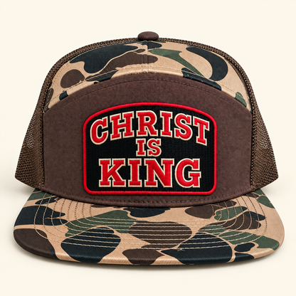 Christ Is King Trucker Hat | Camo 7-Panel Faith Cap | Men's Statement Hat