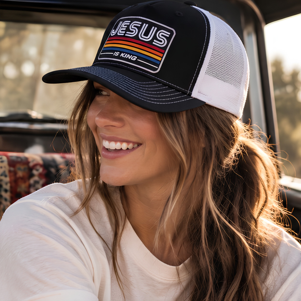 Jesus Is King Trucker Hat | Retro Stripe Christian Snapback | Faith Based Trucker Cap for Men and Women