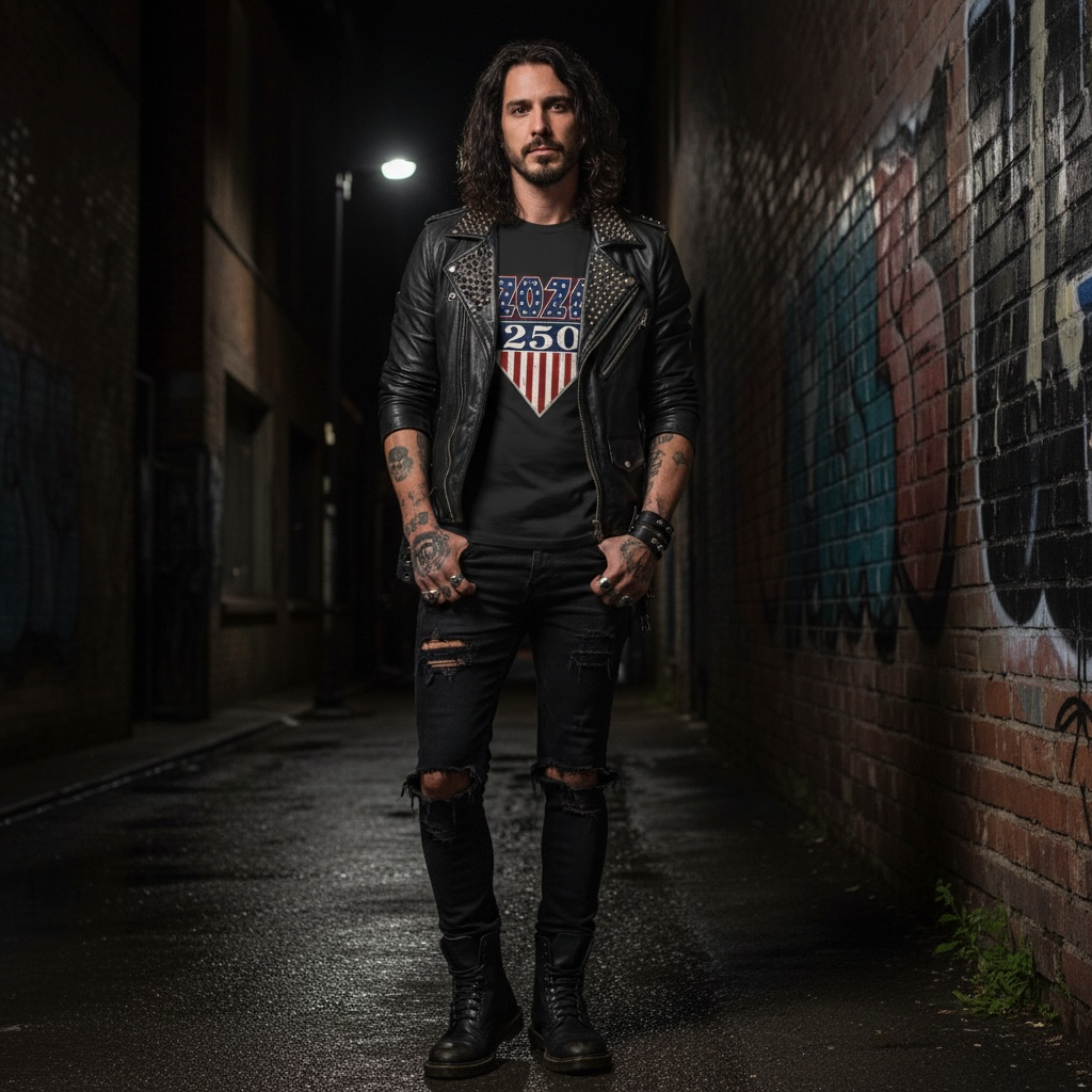 america 250 rock tee black front | land of the free 250
