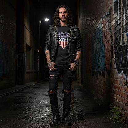 america 250 rock tee black front | land of the free 250