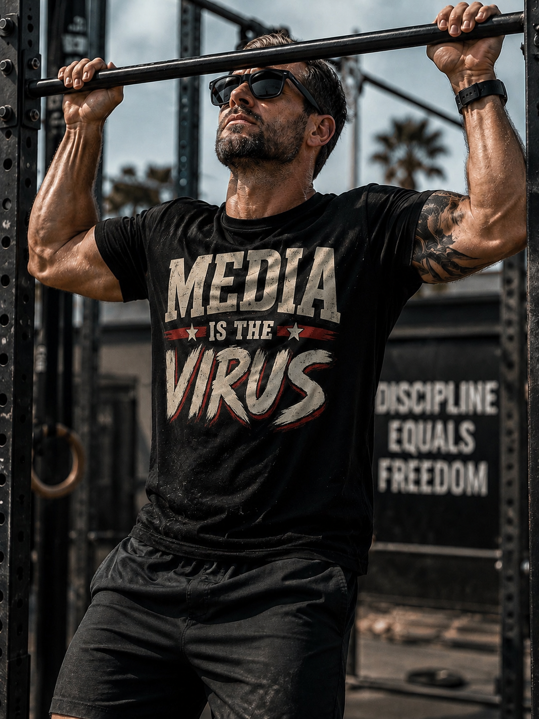 A muscular man wearing a black graphic t-shirt with the text 'MEDIA IS THE VIRUS' in distressed white and red lettering, performing a pull-up on a black metal gym bar in an outdoor training facility.