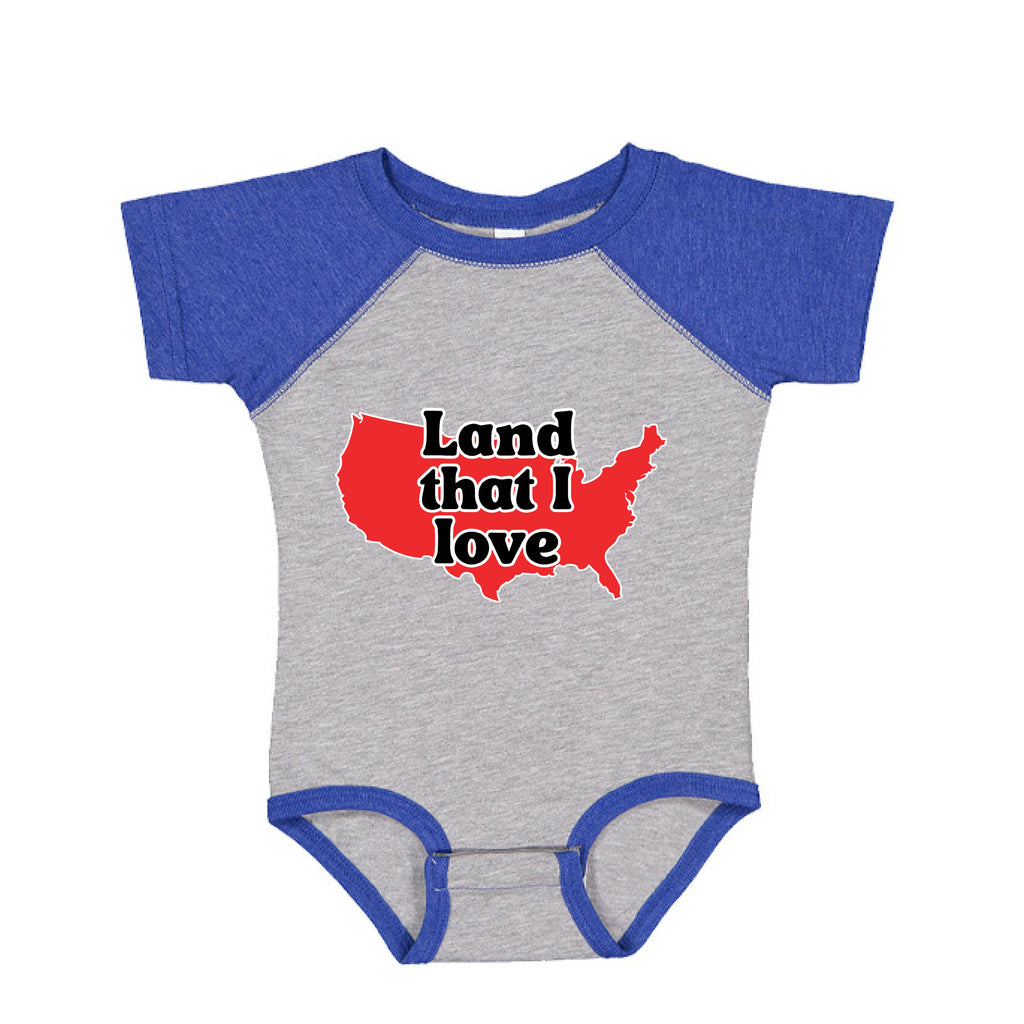 infant land that i love  onesie front grey royal | land of the free 250