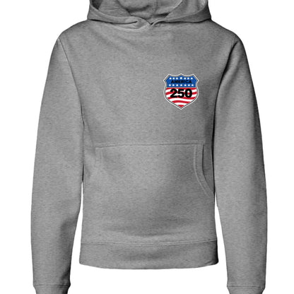 shield 250 youth hoodie grey heather front | land of the free 250