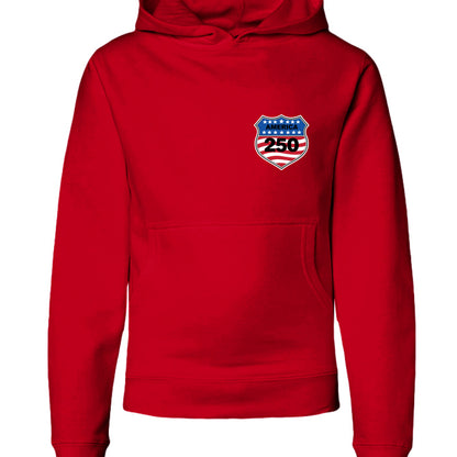 shield 250 youth hoodie red front | land of the free 250