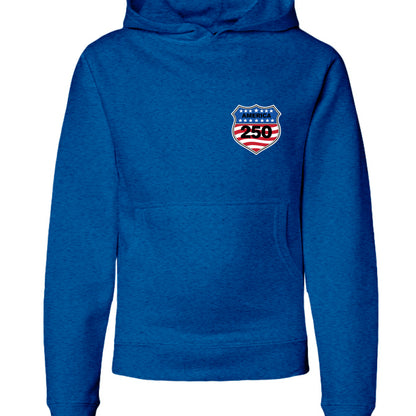 shield 250 youth hoodie royal front | land of the free 250