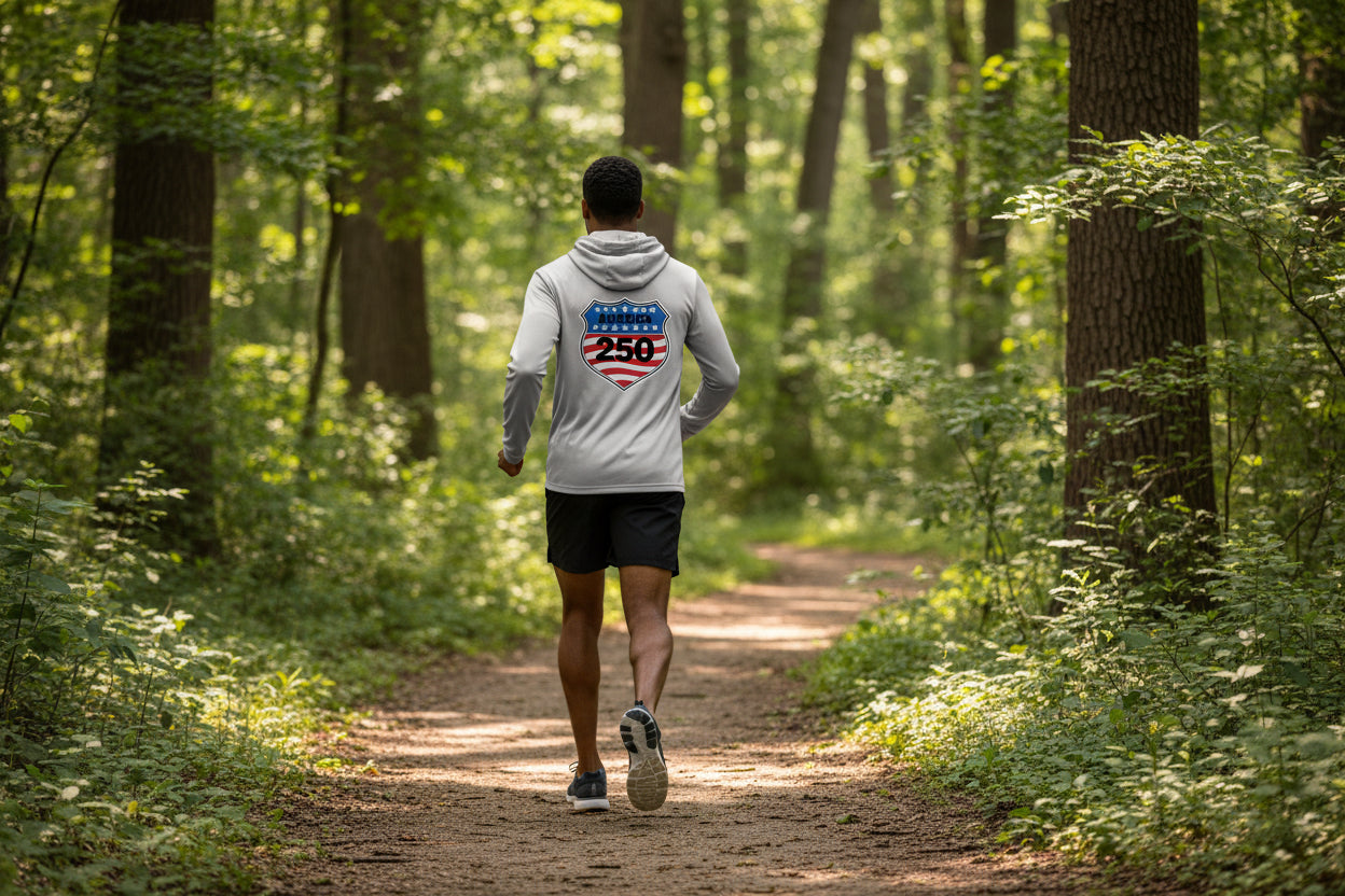 shield 250 active hoodie Grey back | land of the free 250