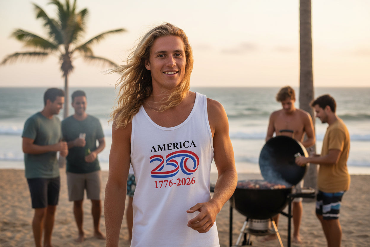 america 250 mens tank white front | land of the free 250