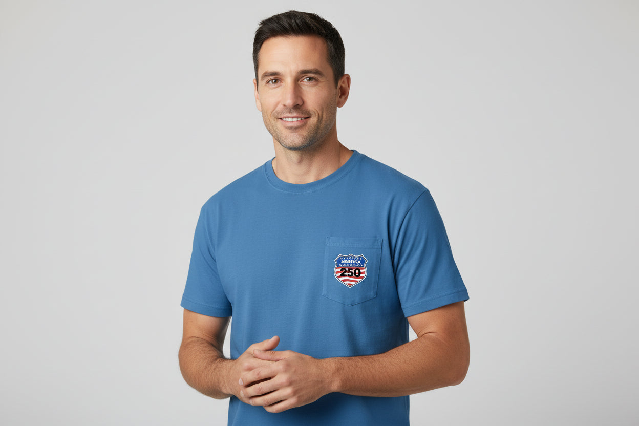 shield 250 mens pocket tee blue front | land of the free 250