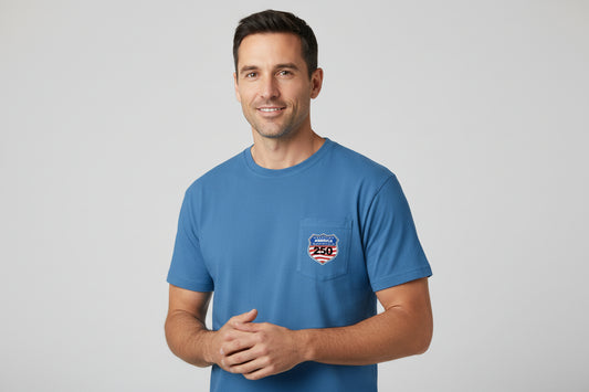 shield 250 mens pocket tee blue front | land of the free 250