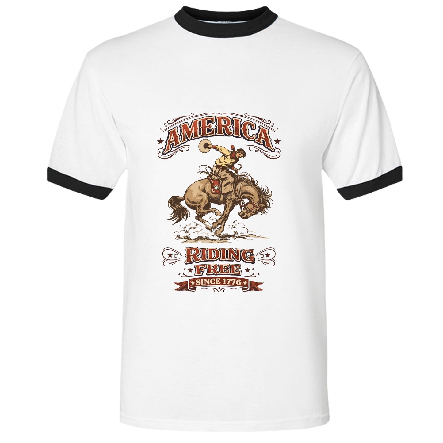 white and black ringer tee cowboy rodeo land of the free 250