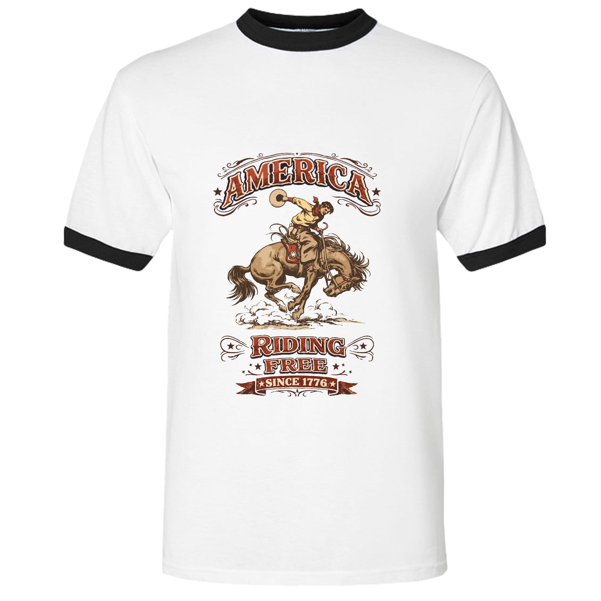 white and black ringer tee cowboy rodeo land of the free 250