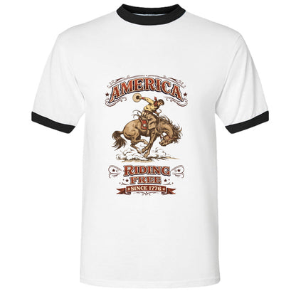 white and black ringer tee cowboy rodeo land of the free 250