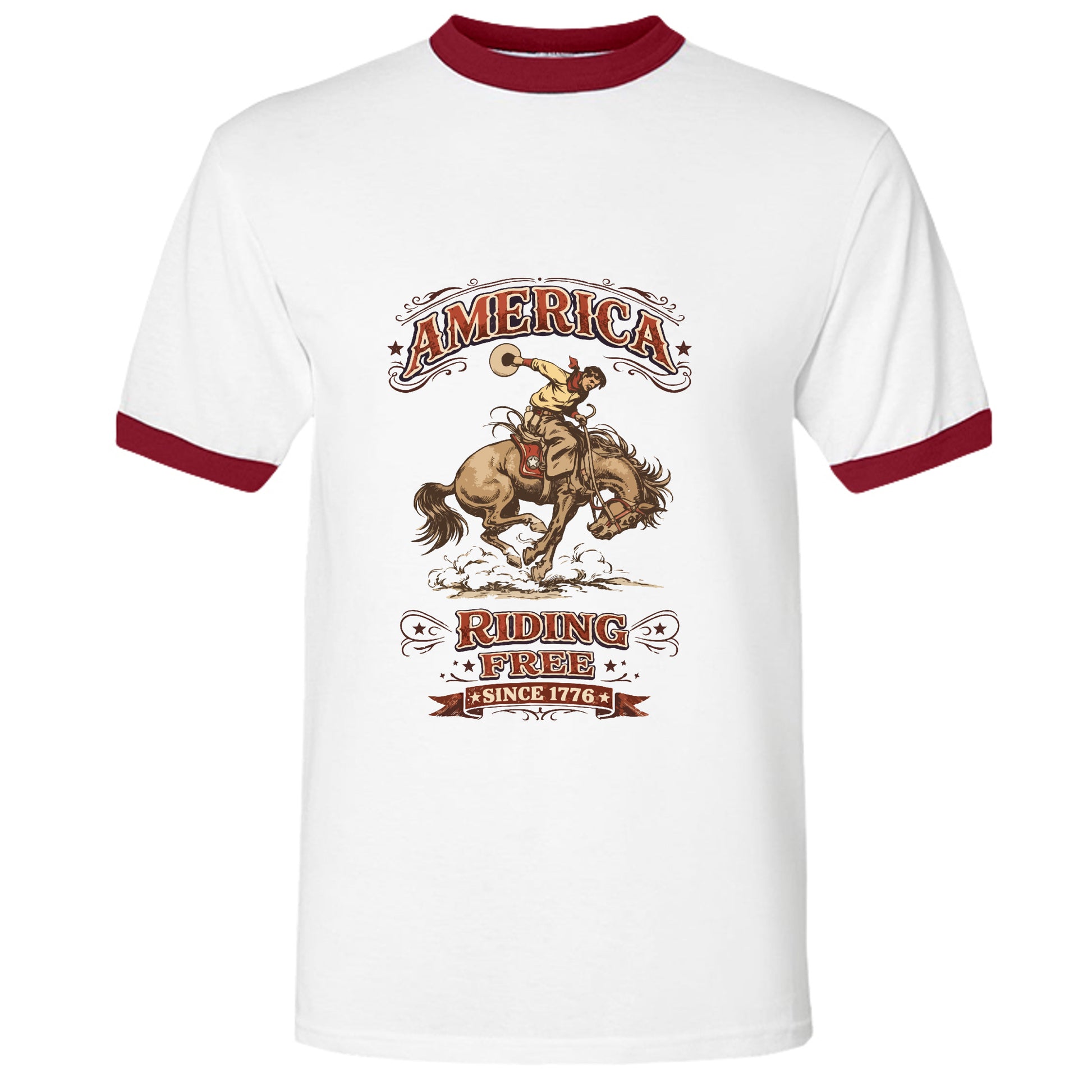 white unisex ringer tee vintage rodeo cowboy riding free since 1776