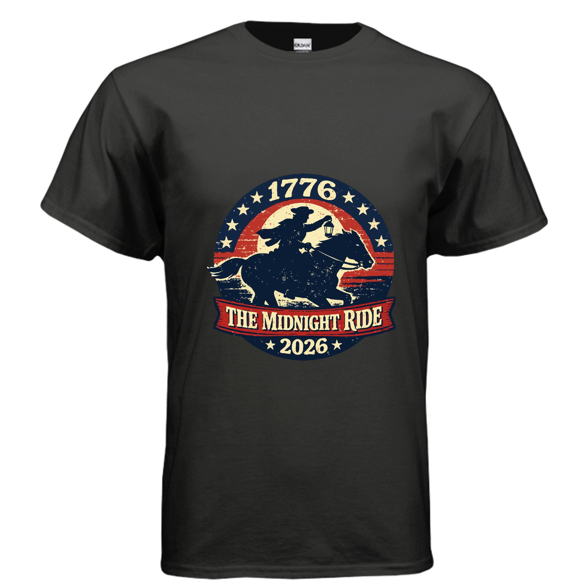 Midnight Ride Men's patriotic t-shirt inspired by the American Revolution and the spirit of 1776BLACK - G500 - FRONT