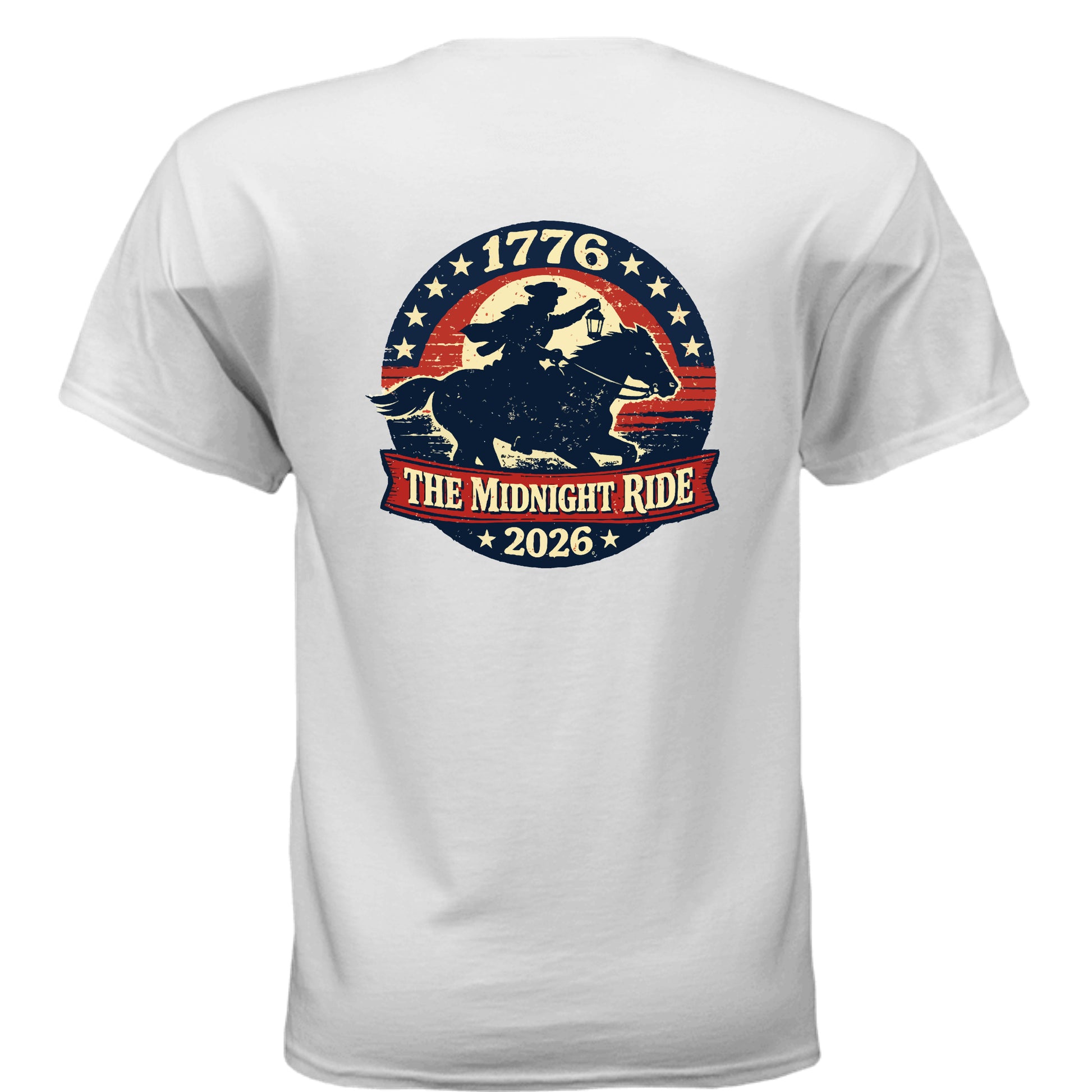 Midnight Ride 1776 Men's t-shirt with vintage Revolutionary War inspired design honoring American history back white | land of the free 250