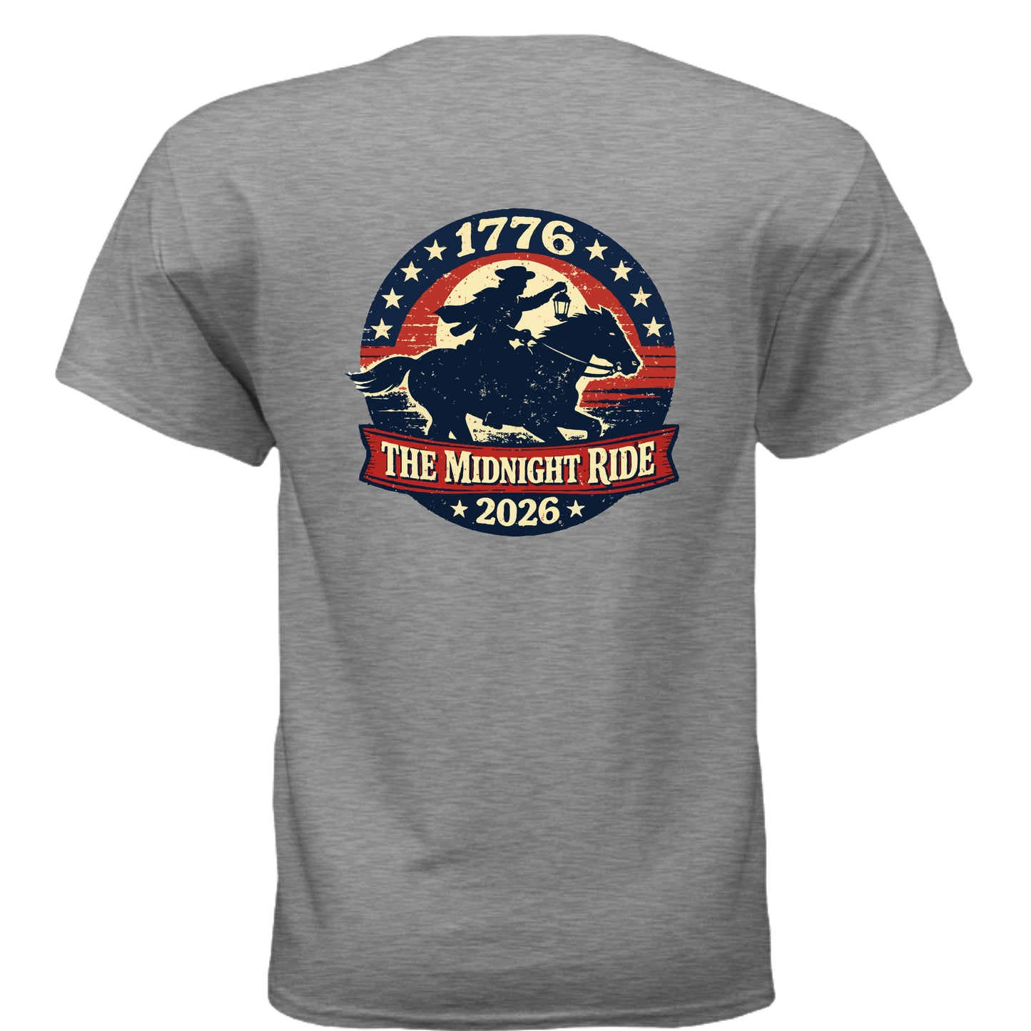 Midnight Ride 1776 Men's t-shirt with vintage Revolutionary War inspired design honoring American history back Heather grey | land of the free 250