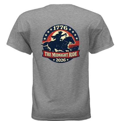 Midnight Ride 1776 Men's t-shirt with vintage Revolutionary War inspired design honoring American history back Heather grey | land of the free 250