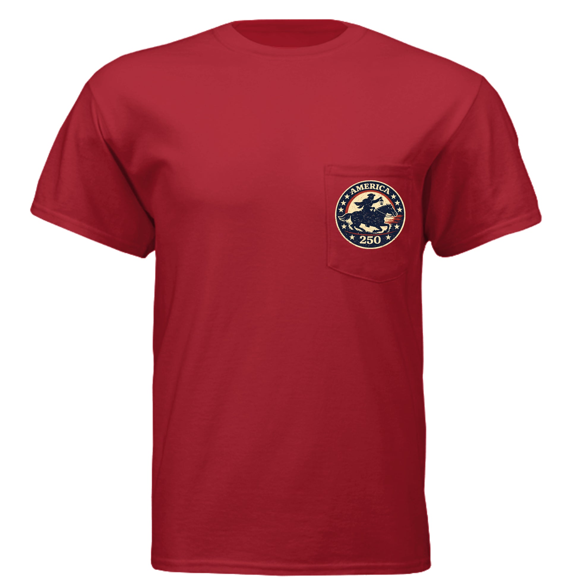 Midnight Ride 1776 Men's t-shirt with vintage Revolutionary War inspired design honoring American history front red | land of the free 250