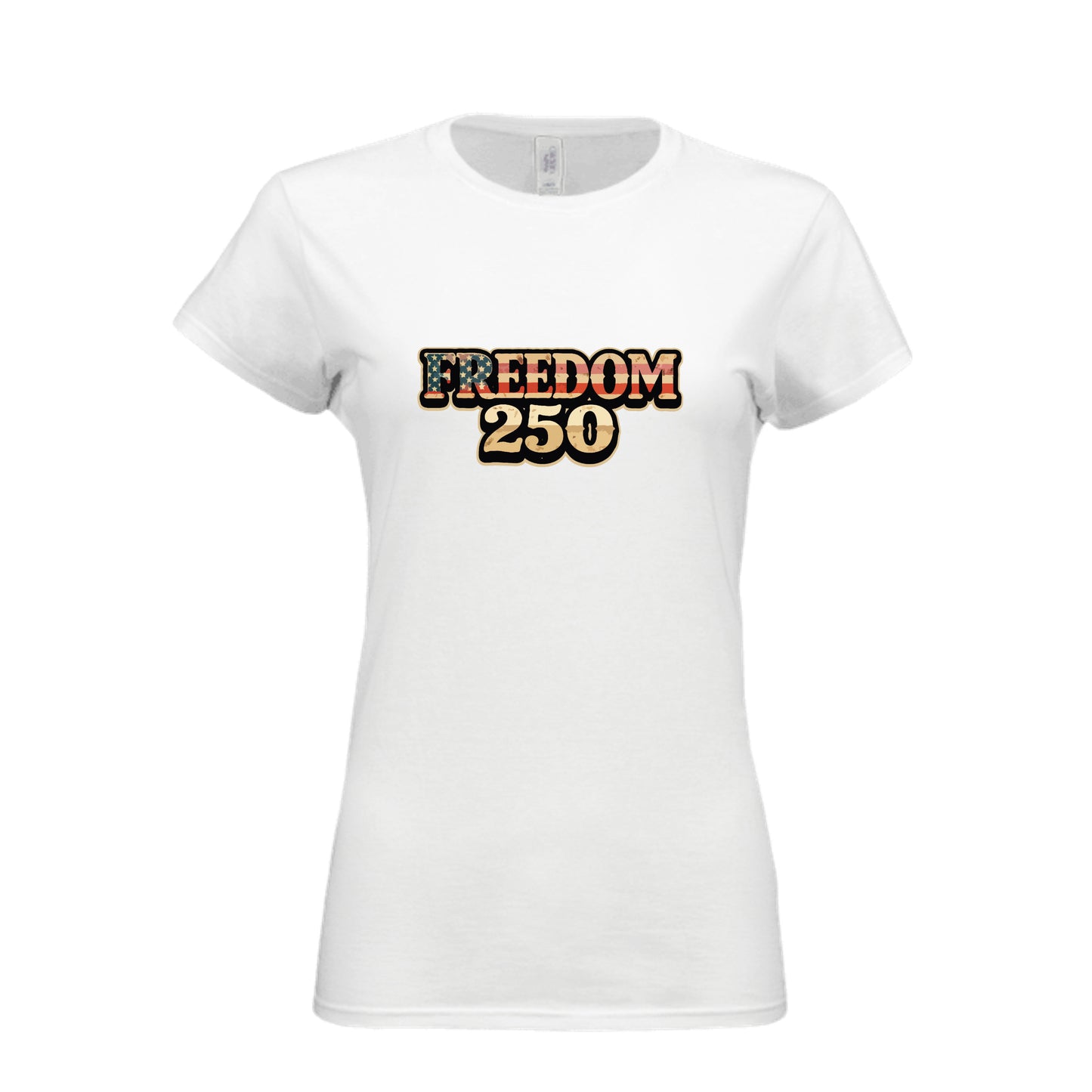 Womens Freedom 250 patriotic women's t-shirt with American flag design for America's 250th anniversary celebration white
