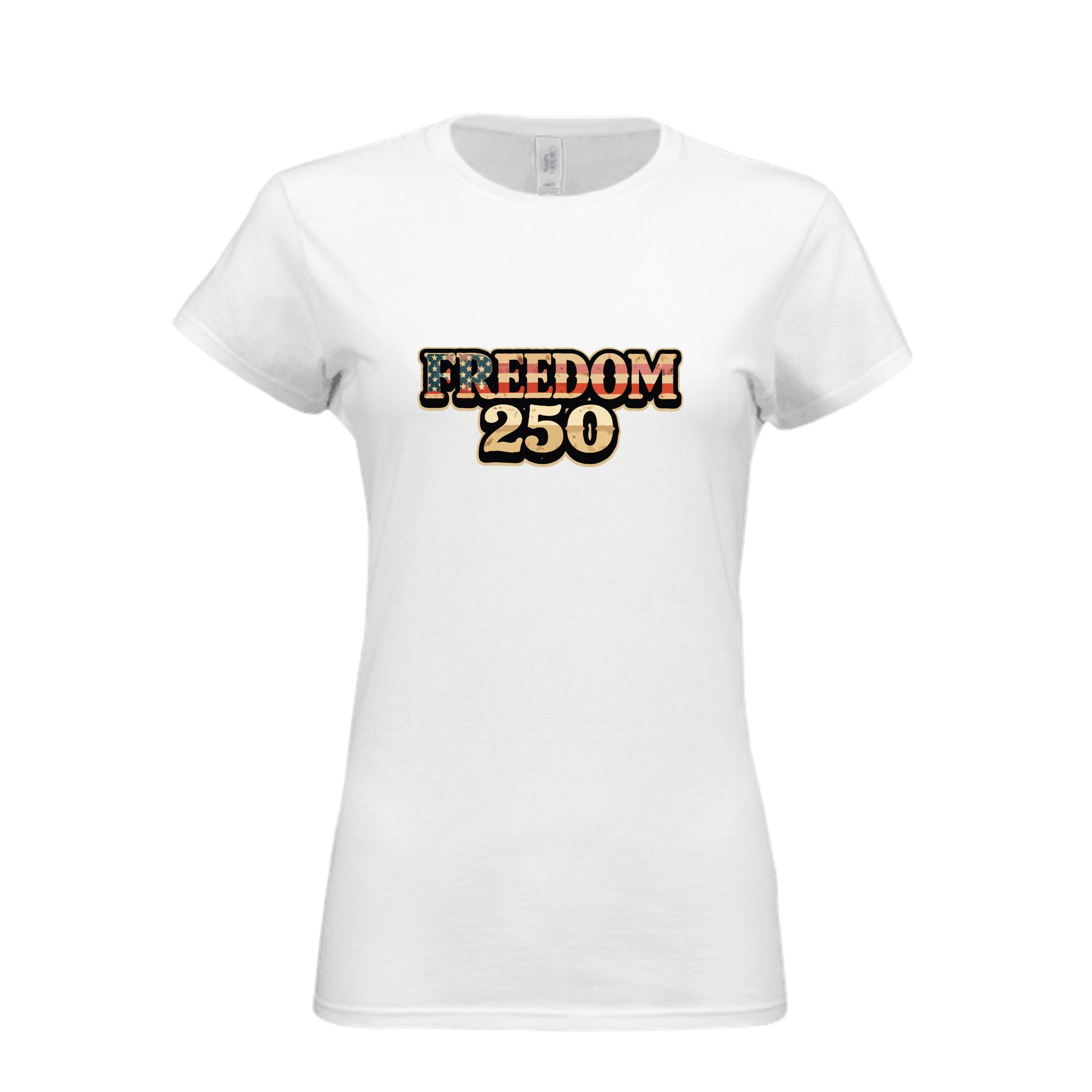 Womens Freedom 250 patriotic women's t-shirt with American flag design for America's 250th anniversary celebration white