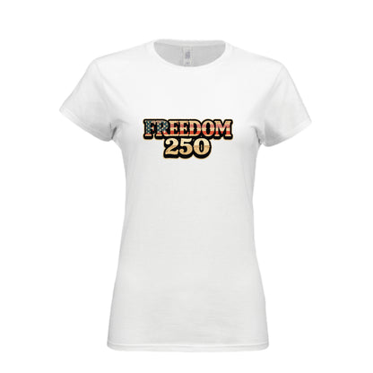 Womens Freedom 250 patriotic women's t-shirt with American flag design for America's 250th anniversary celebration white