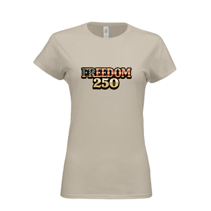 Womens Freedom 250 patriotic women's t-shirt with American flag design for America's 250th anniversary celebration