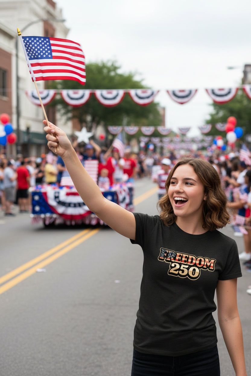 Womens Freedom 250 patriotic women's t-shirt with American flag design for America's 250th anniversary celebration black