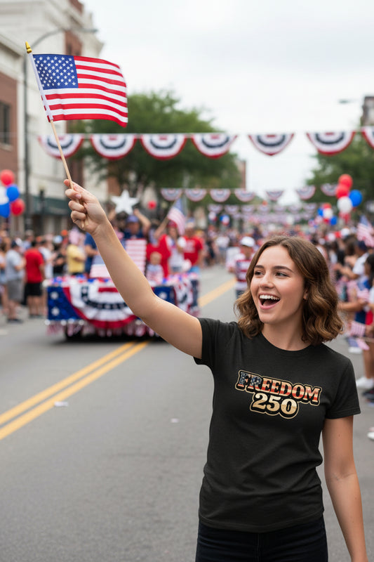 Womens Freedom 250 patriotic women's t-shirt with American flag design for America's 250th anniversary celebration black