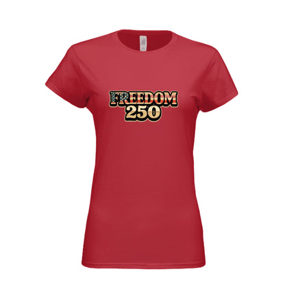 Womens Freedom 250 patriotic women's t-shirt with American flag design for America's 250th anniversary celebration red