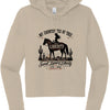Women's tan patriotic cropped hoodie with vintage Western cowboy graphic reading My Country Tis of Thee Sweet Land of Liberty America 250 1776 2026
