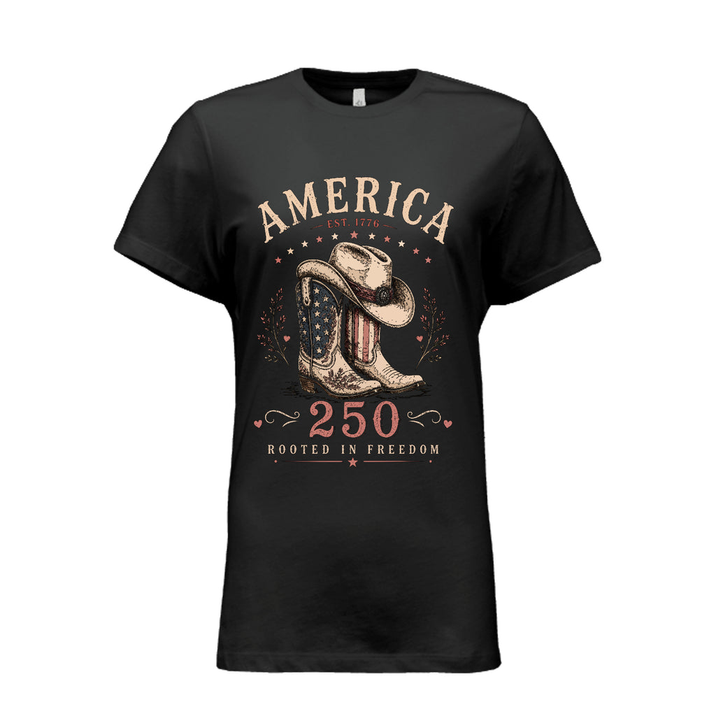 american rooted in freedom patriotic tee | cowboy hat and cowboy boots American flag T-Shirt 