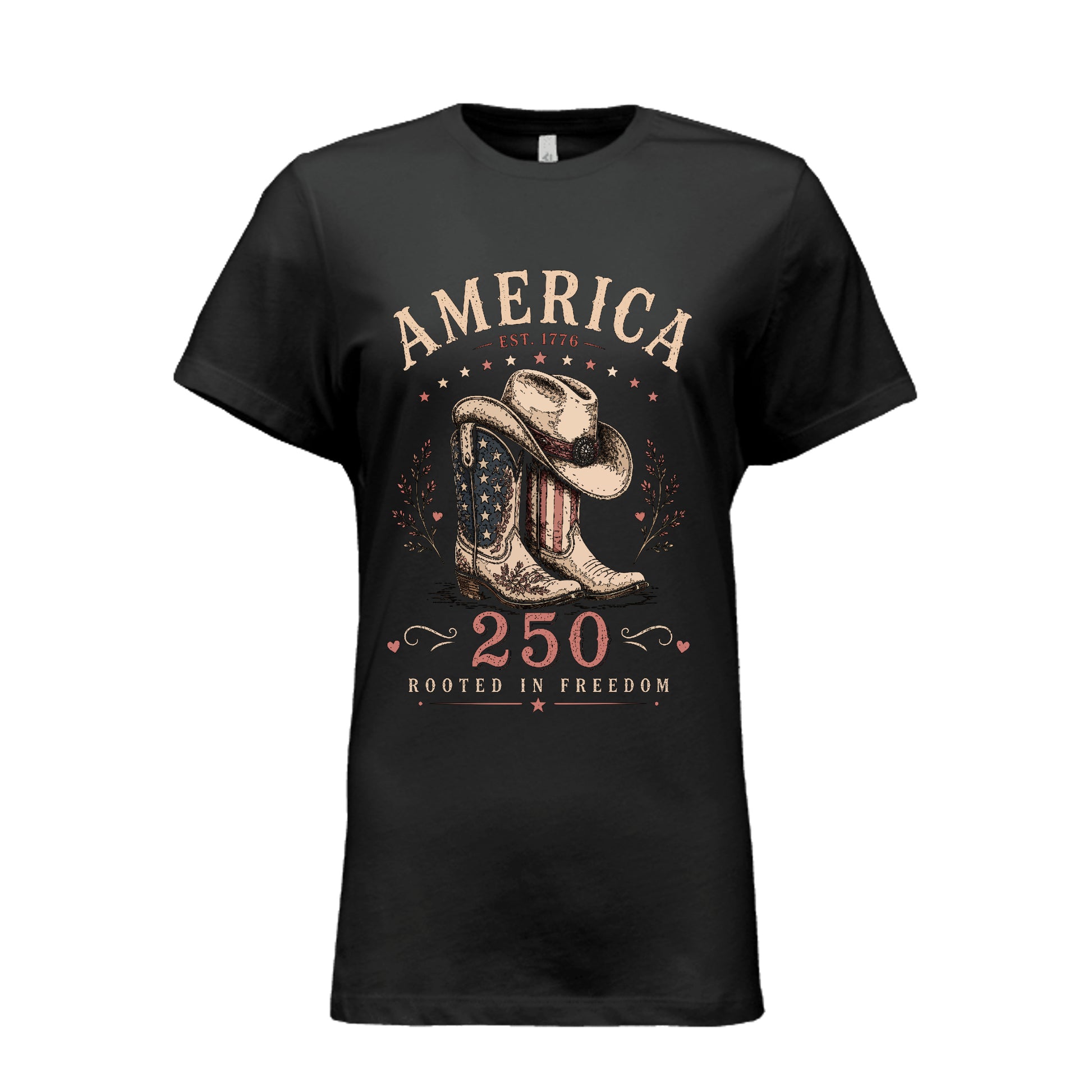 american rooted in freedom patriotic tee | cowboy hat and cowboy boots American flag T-Shirt 