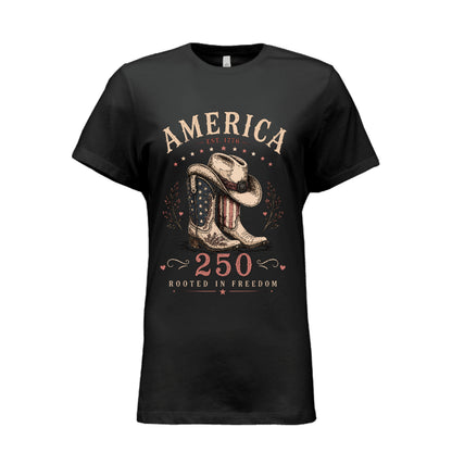 american rooted in freedom patriotic tee | cowboy hat and cowboy boots American flag T-Shirt 