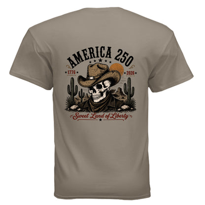 America 250 tan tshirt cowboy skull 1776 - 2026 skull cowboy hat 