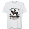 Women's white patriotic hi-lo tee with vintage Lady Liberty cowgirl graphic, relaxed fit drop shoulder Western style shirt for America's 250th anniversary
